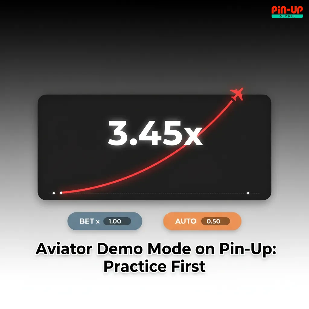 Pin-Up Aviator demo mode screen showing virtual balance, multiplier graph, cash-out and auto options for practice.
