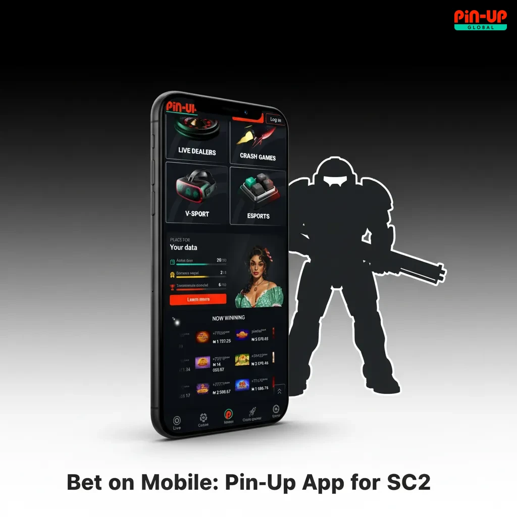 Smartphone showing Pin-Up mobile app with StarCraft II betting odds, bet slip, cash out, and alerts for live updates.