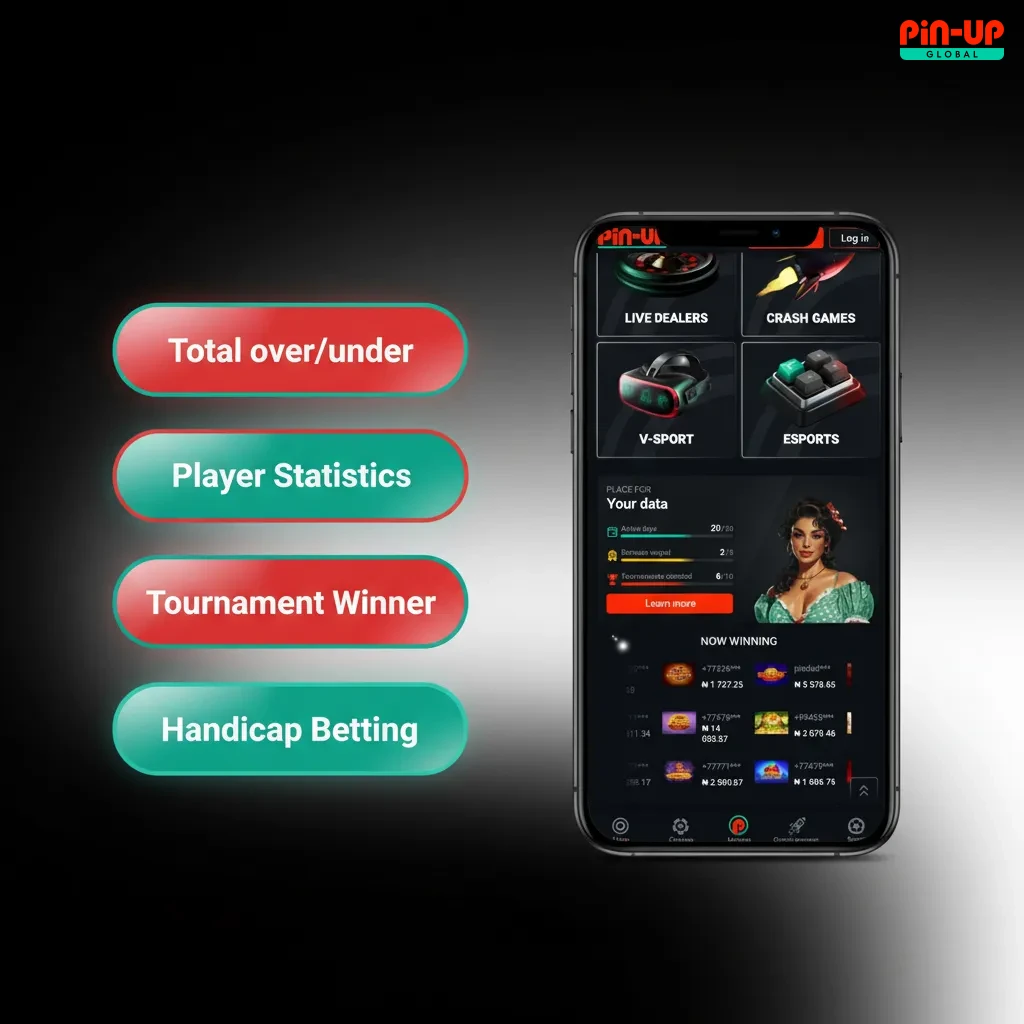 Infographic of Pin-Up bet types: Single, Accumulator, System, Handicap, Over/Under, plus brief descriptions and risk tips.