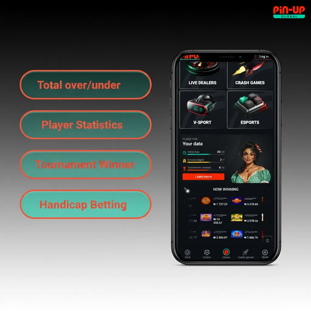Pin-Up iOS app listing bet types: Single, Accumulator, System, Asian/Euro Handicap, Over/Under, Both Teams to Score.