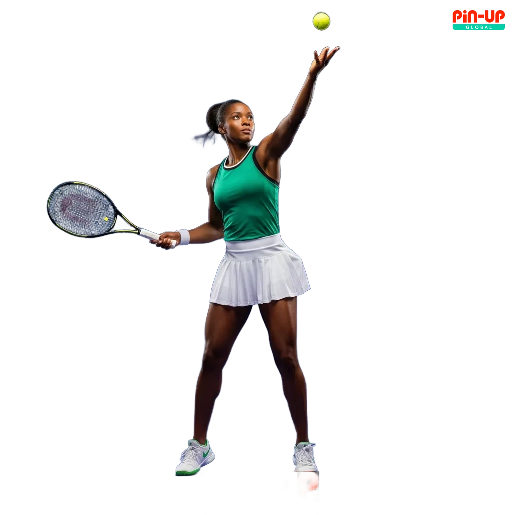 Pin-Up tennis betting Nigeria promo with phone and laptop showing decimal odds, live point updates, and welcome offer.