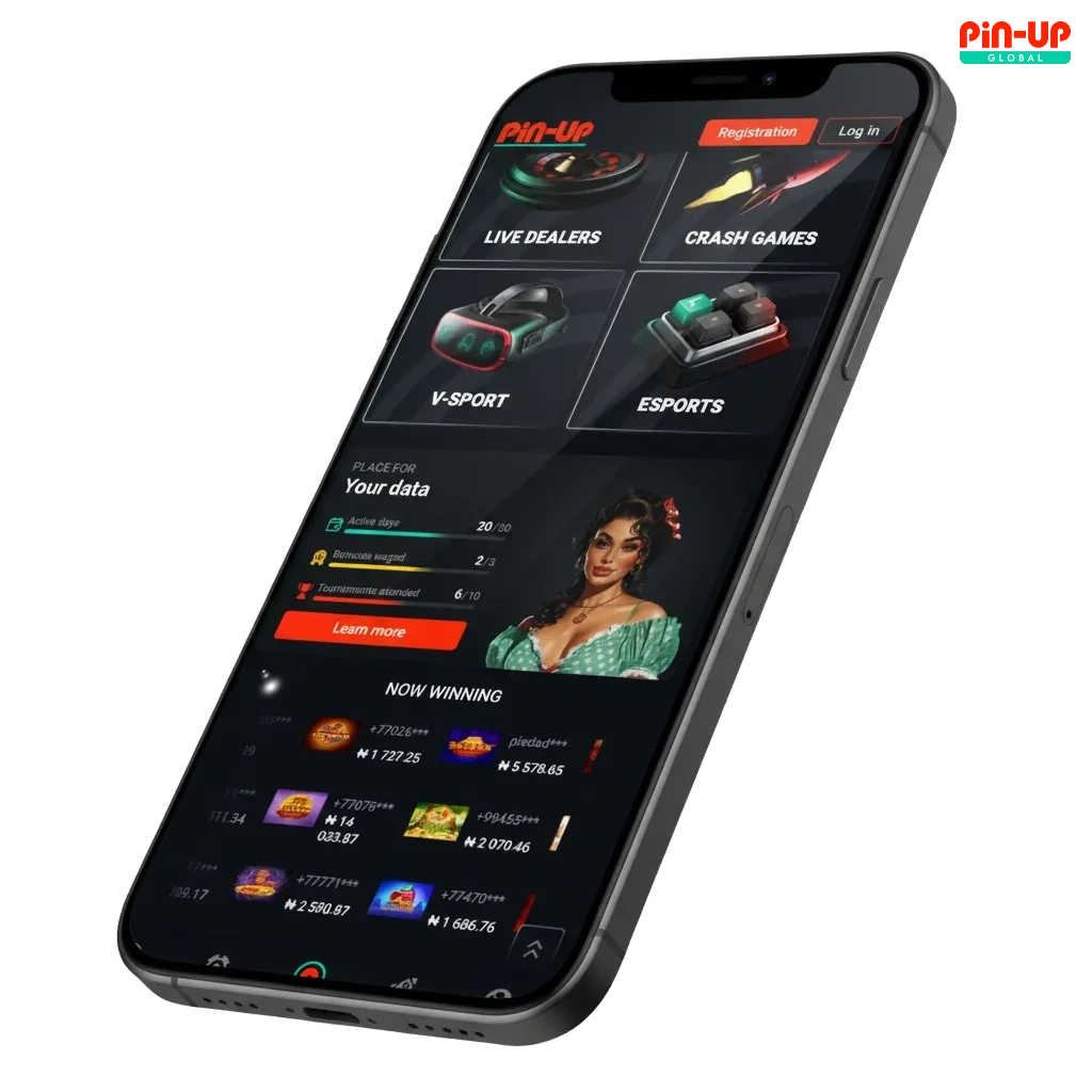 Phone showing Pin-Up app Nigeria: sports betting, casino, payment icons VISA, Verve, OPAY; bonus 120% + 250FS.
