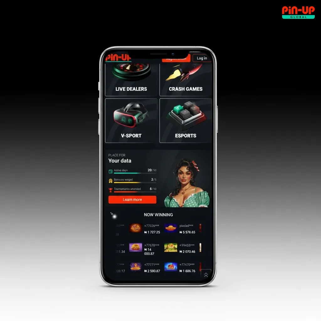 Pin-Up app interface with fast, clean tabs for Sports, Live, Casino, Cashier; quick access to odds, games, payments.