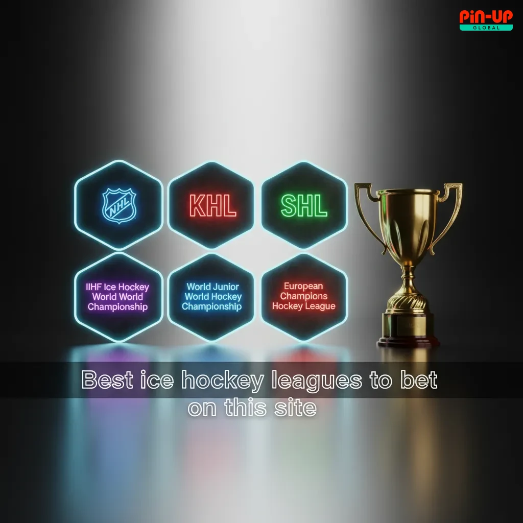 Graphic showing top ice hockey leagues to bet: NHL, IIHF Worlds, KHL, SHL, Liiga, CHL, Olympics, with time-zone fixtures.