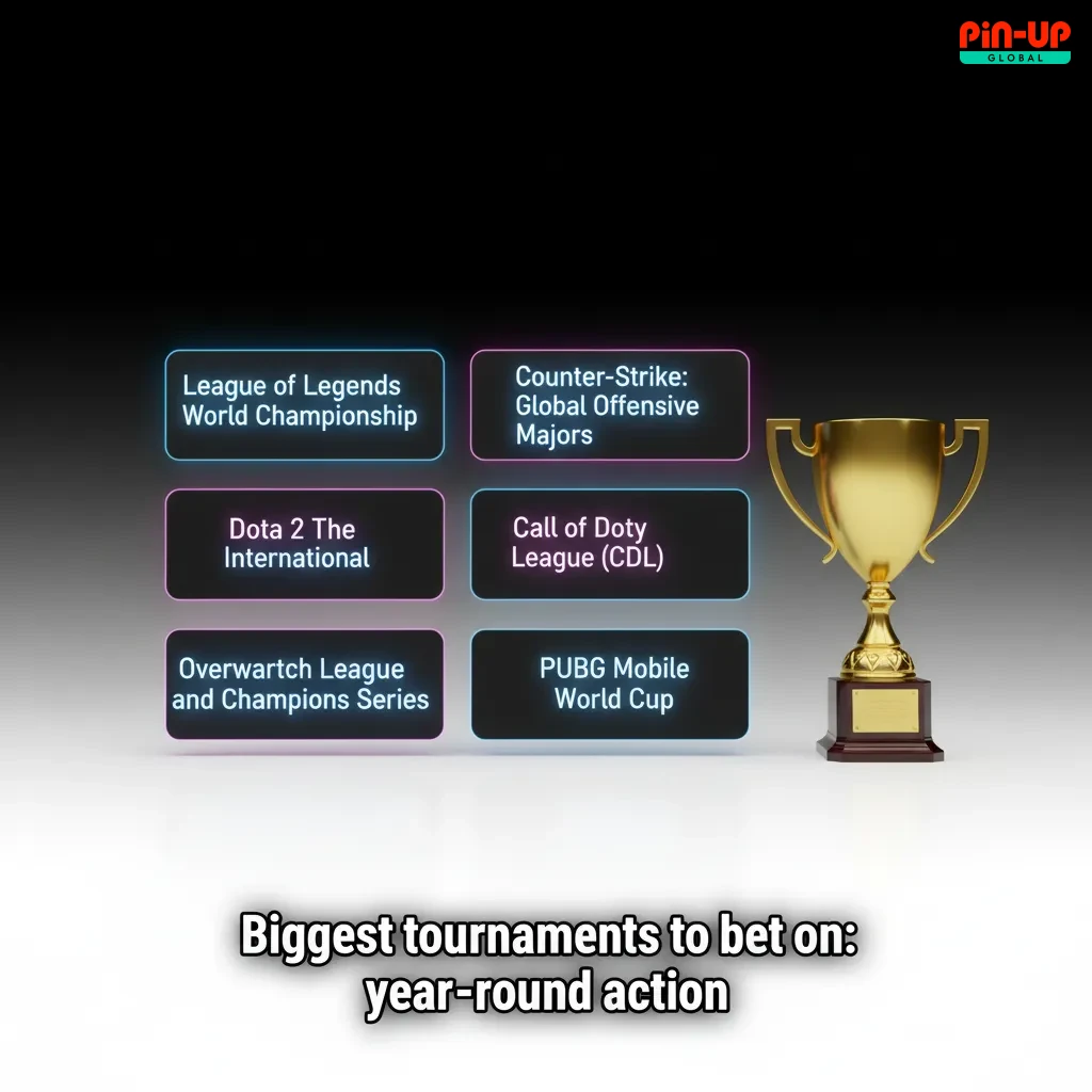 Table of year-round esports tournaments to bet on by game: The International, CS Majors, Worlds, VCT, IEM, Six Invitational.