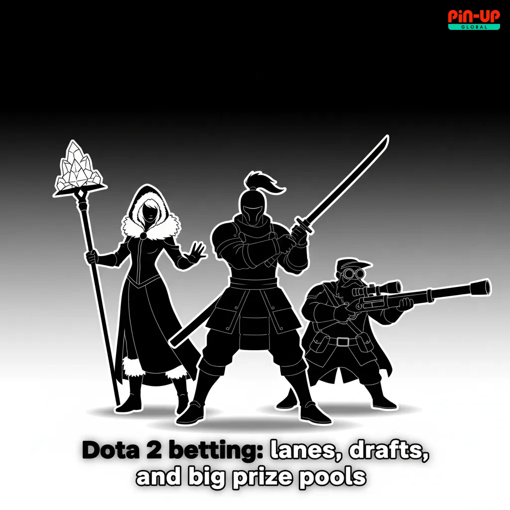 Dota 2 betting graphic with lanes and draft icons, live odds, and tournaments like The International, ESL One, DreamLeague.