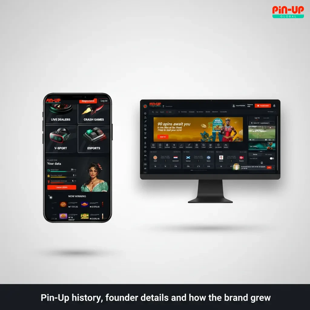 Timeline graphic: Pin-Up's mid-2010s launch, licensed expansion, founders, sportsbook/casino fairness, value-driven promos.