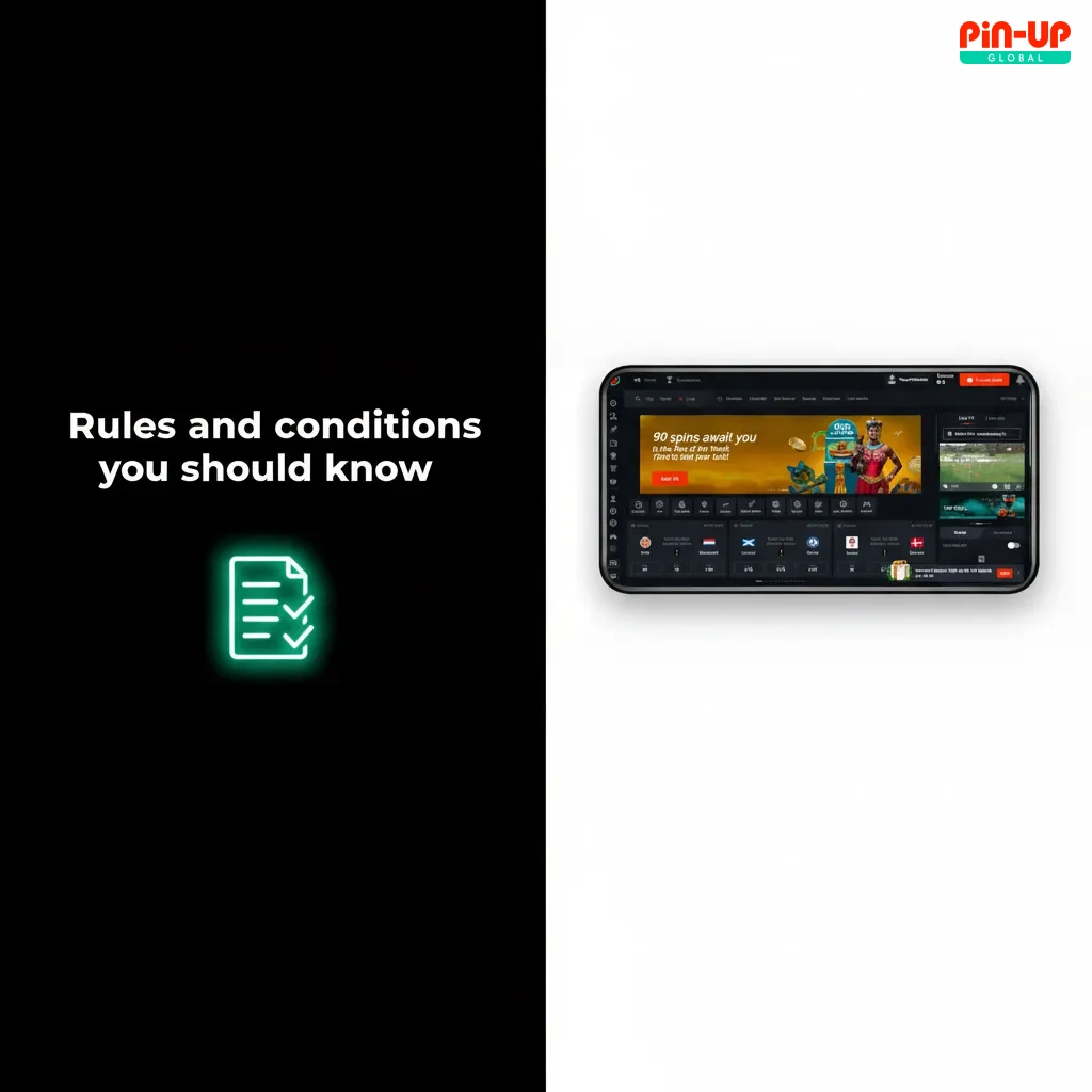 Rules and conditions graphic: 18+ only, one account per person/device, KYC before withdrawals, bonus wagering, fraud checks.