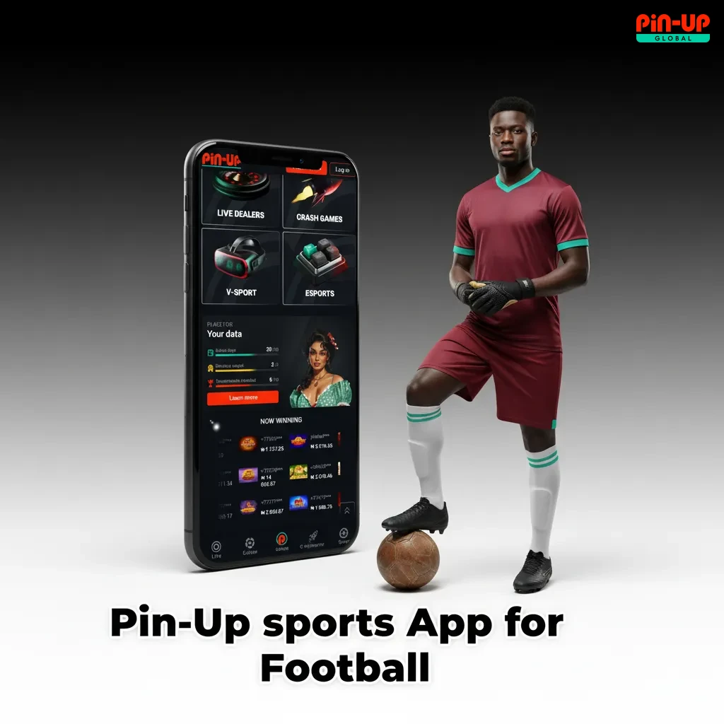 Pin-Up football betting app UI showing live odds, bet builder, cash out, pre-match/in-play markets on iOS & Android.