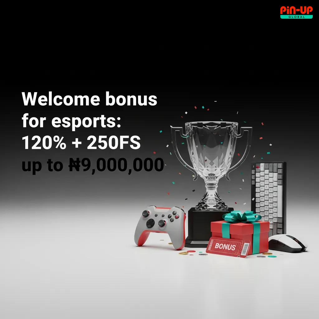 Esports bonus banner: 120% + 250 free spins up to ₦9,000,000, with steps to register, deposit, bet, and claim.