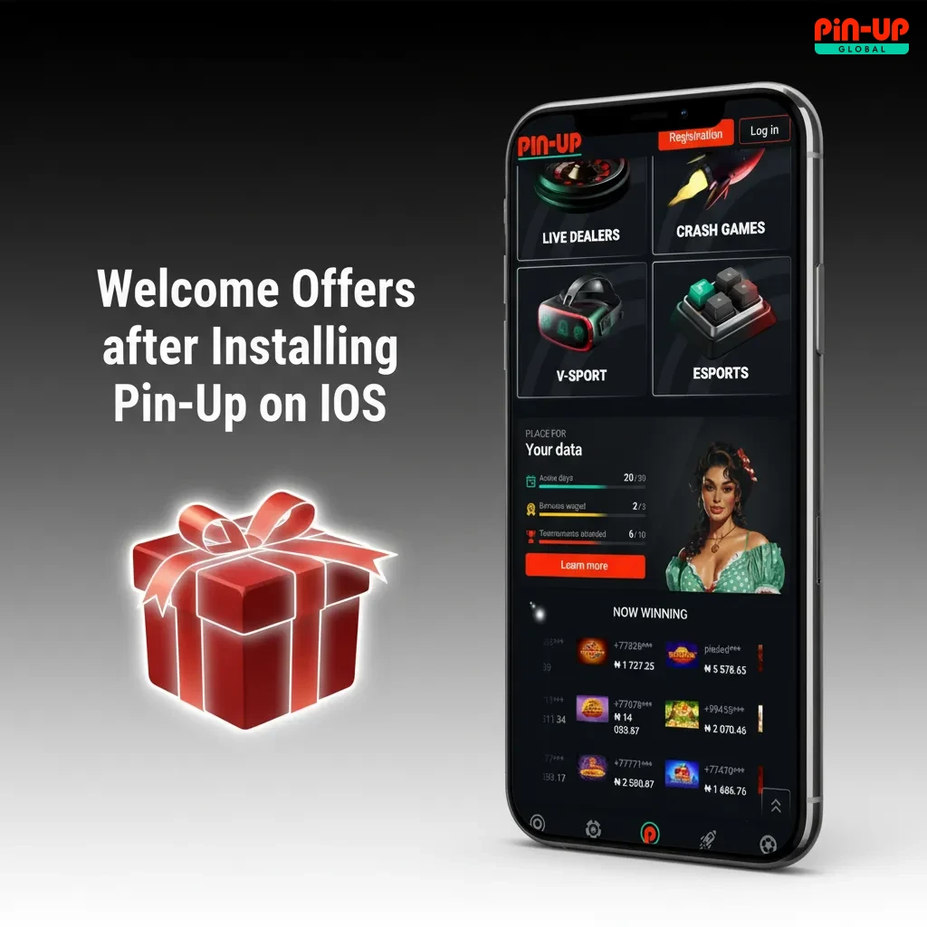 Pin-Up iOS welcome offers: 120% + 250 FS up to ₦9,000,000, casino and sports bonuses, cashback, reloads, and free spins.
