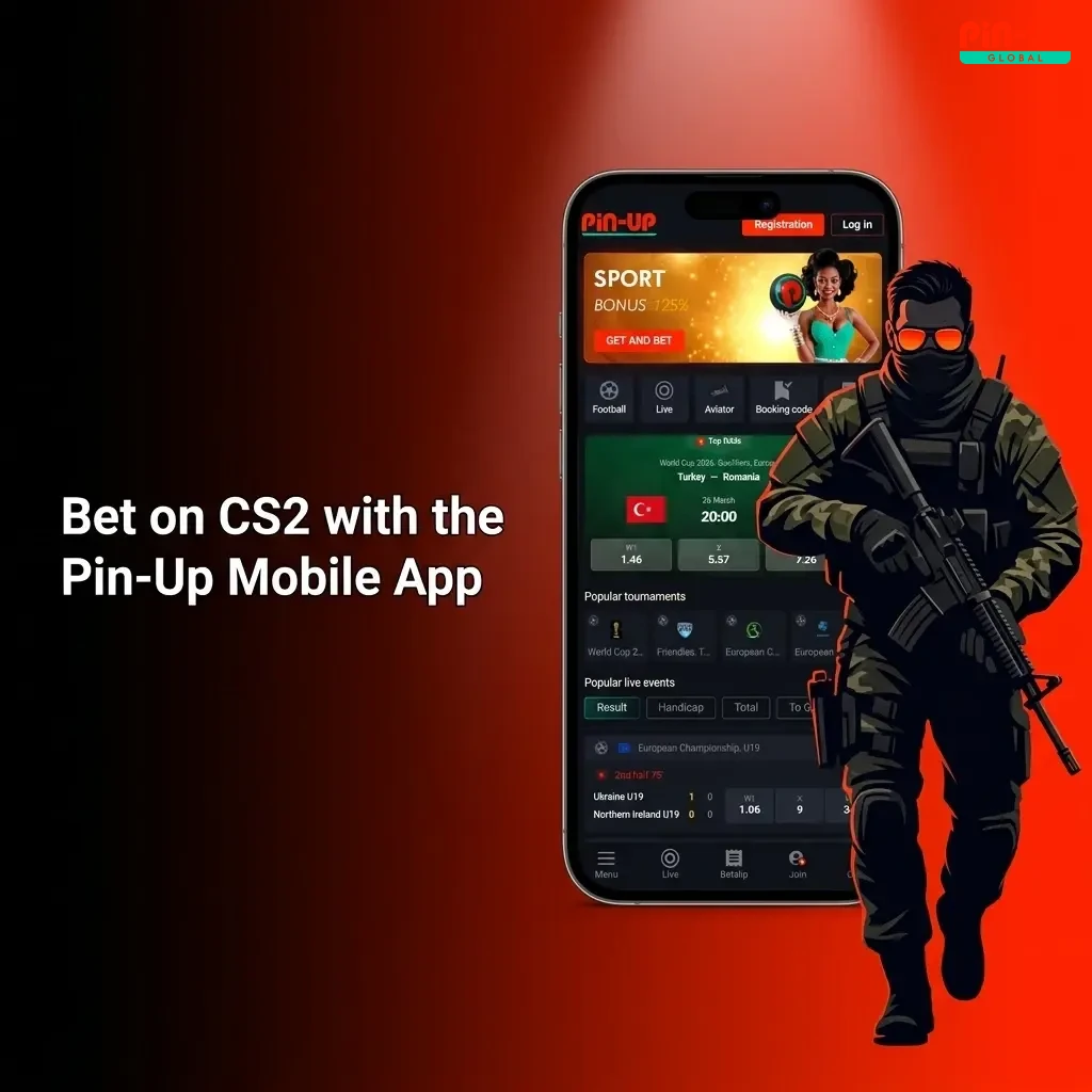 Pin-Up mobile app open on CS2 betting markets showing live odds and bet slip on Android and iOS devices