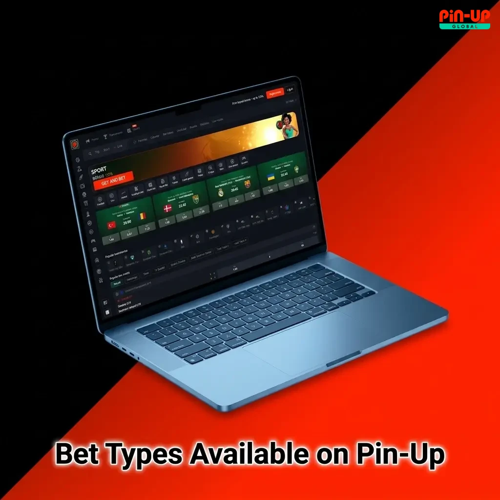 Pin-Up bet types showing Single, Express Accumulator, and System bets with odds and payout options