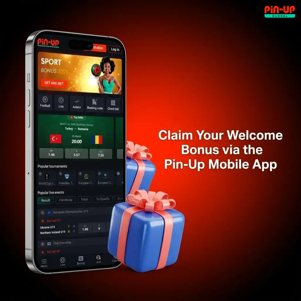 Pin-Up mobile app on Android and iOS showing welcome bonus claim with promo code PBONG35 and registration steps