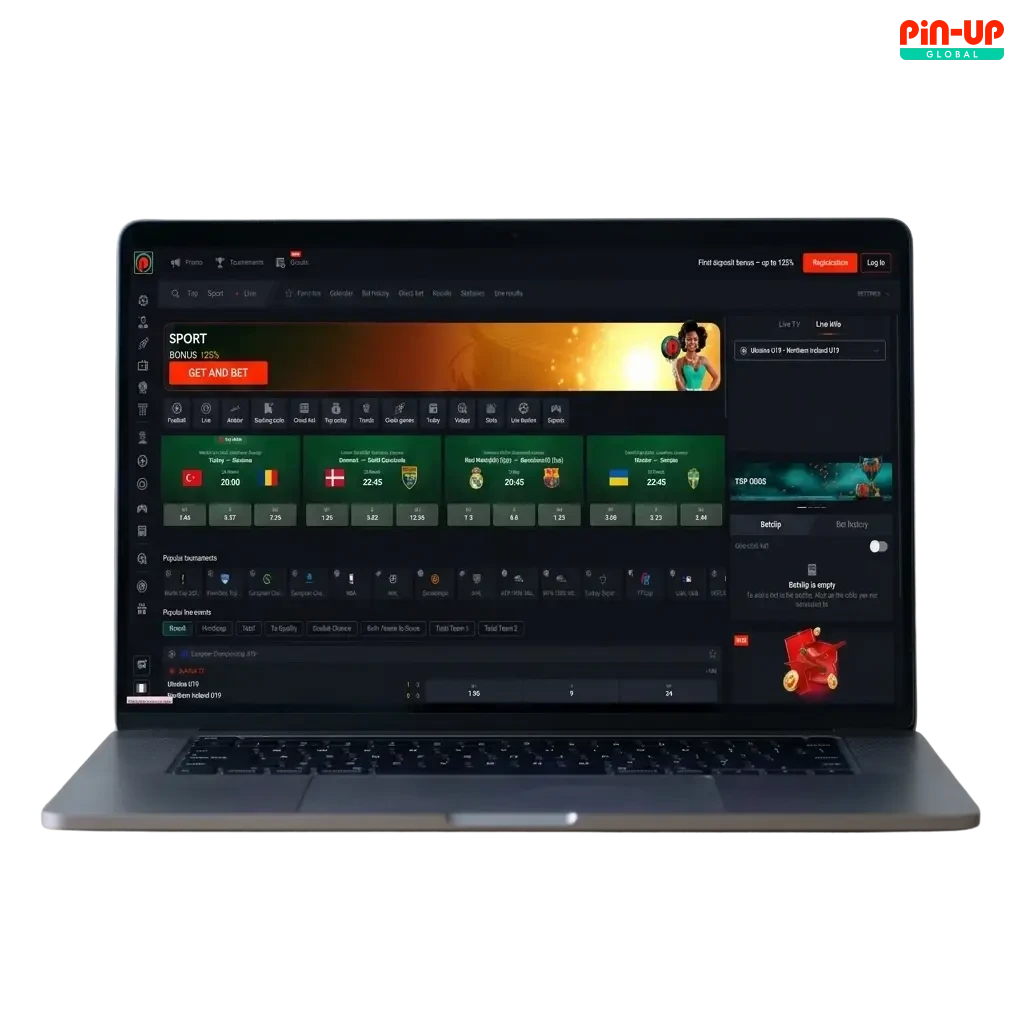 Pin-Up desktop app for Windows and MacOS showing casino slots, live tables, sports betting and game shows interface