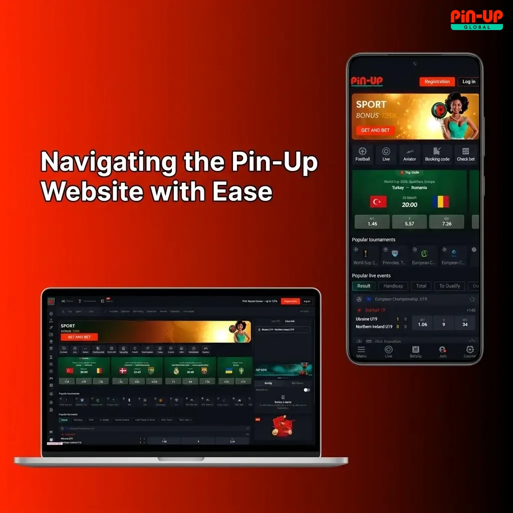 Pin-Up website homepage showing top navigation bar with Sports, Casino, Live Casino, Cybersports, and Promotions tabs