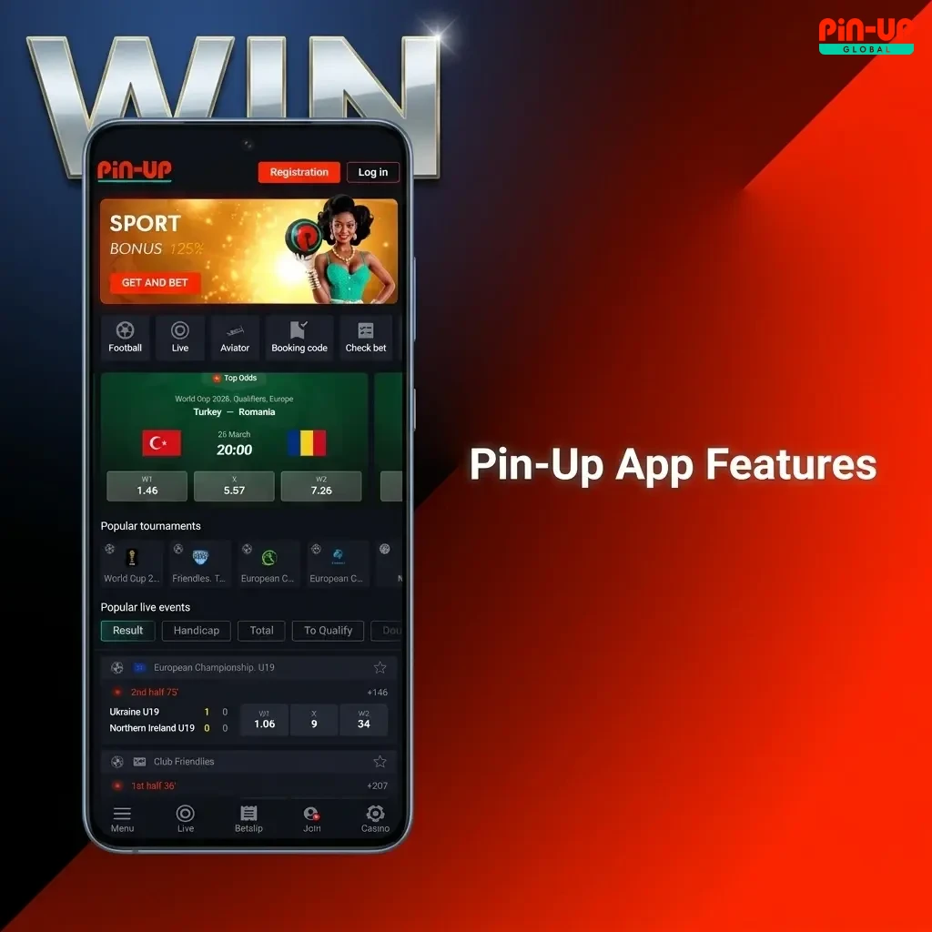 Pin-Up app features for Nigerian players showing live betting, casino games, deposits, withdrawals, and account tools