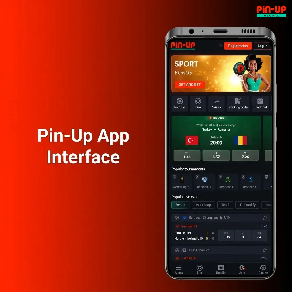 Pin-Up app interface showing clean mobile layout with bottom navigation menu for casino games, live betting, promotions and account access