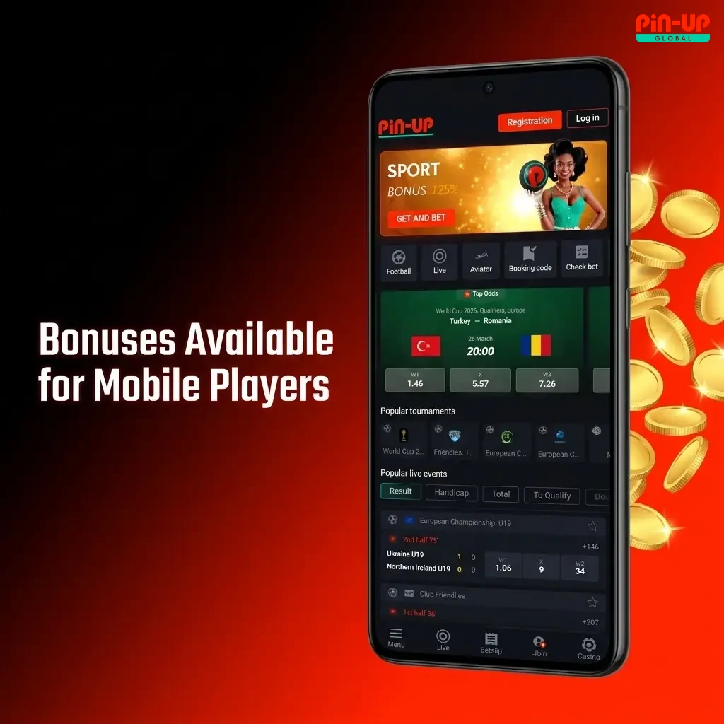 Pin-Up mobile app bonuses for Nigerian players including welcome deposit match, free spins, reload bonus, and free bets