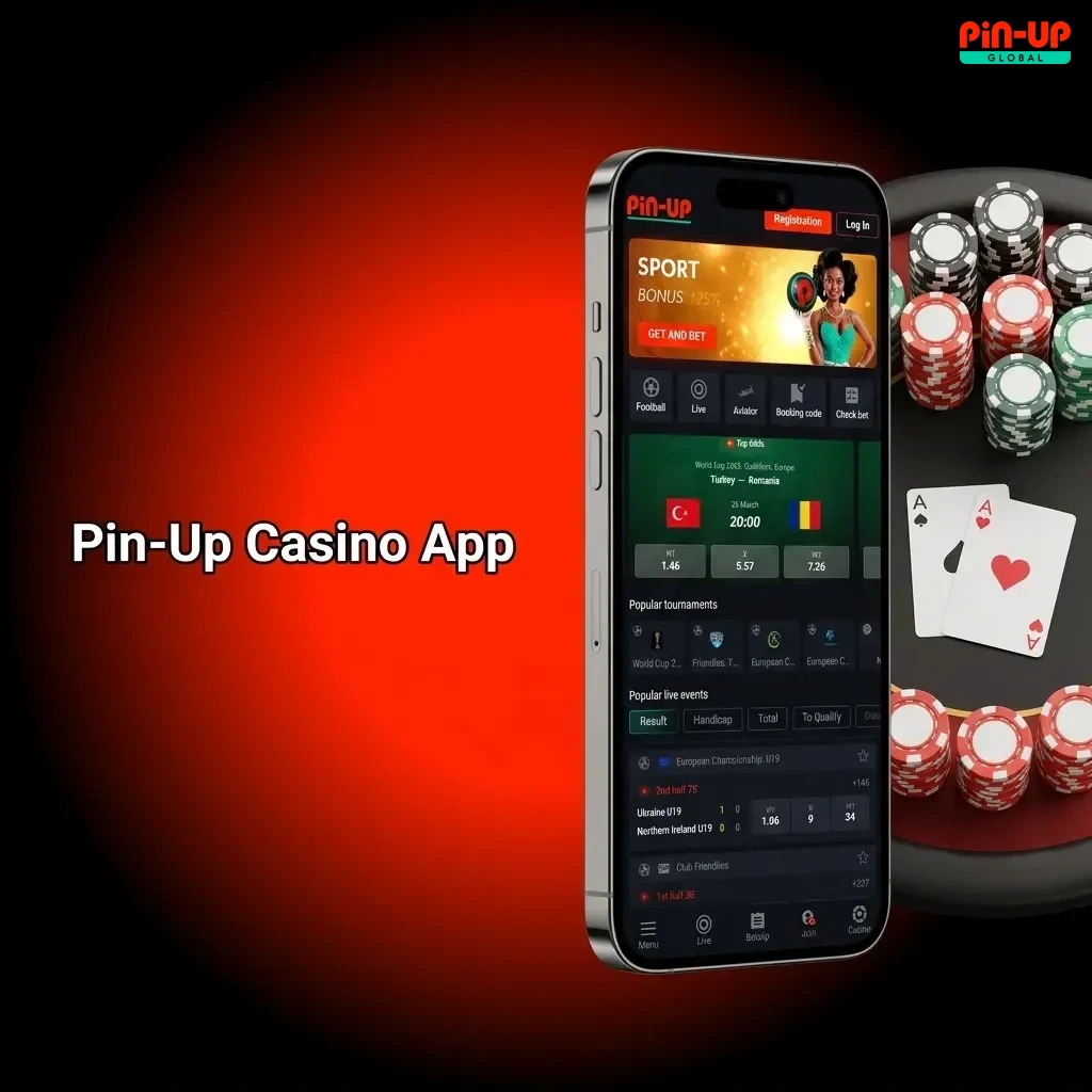 Pin-Up Casino app interface showing slots, live dealer games, and sports betting from top providers like Pragmatic Play