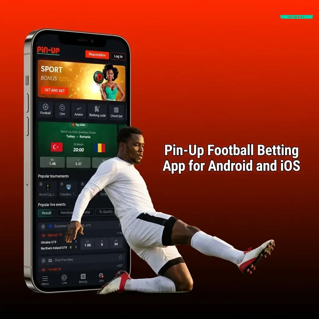 Pin-Up football betting app interface on Android and iOS devices showing live markets and account management