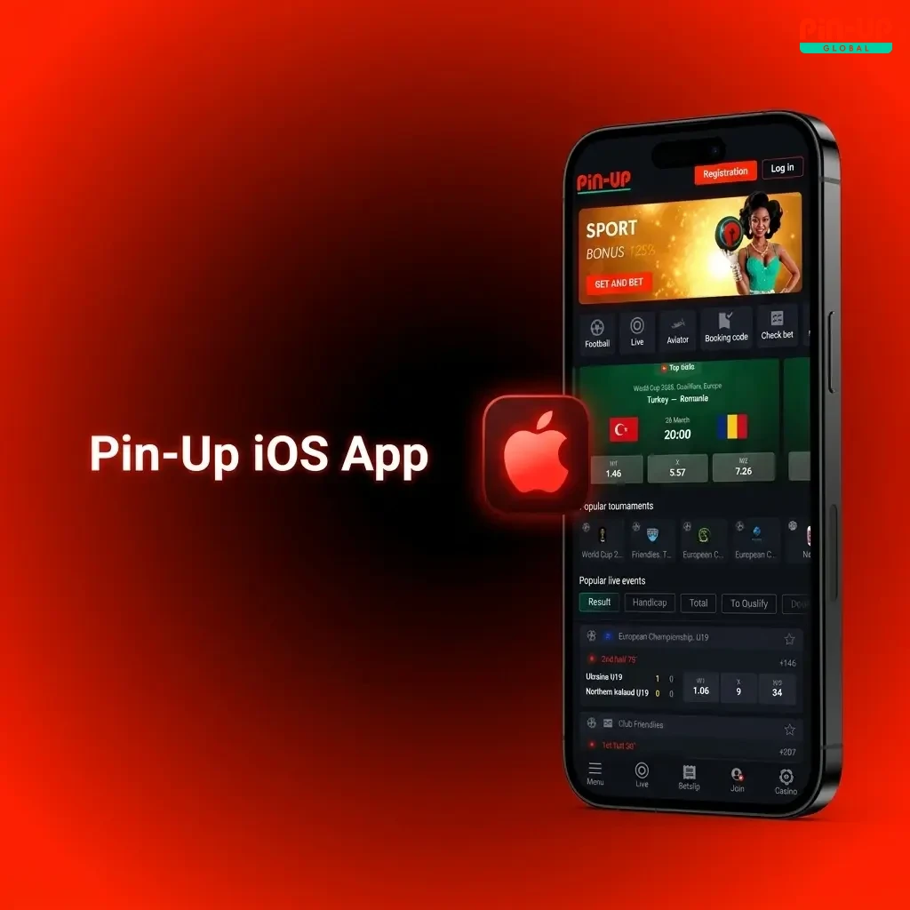 Pin-Up iOS app interface on iPhone and iPad showing sports betting, live casino, and slots features for seamless mobile gaming
