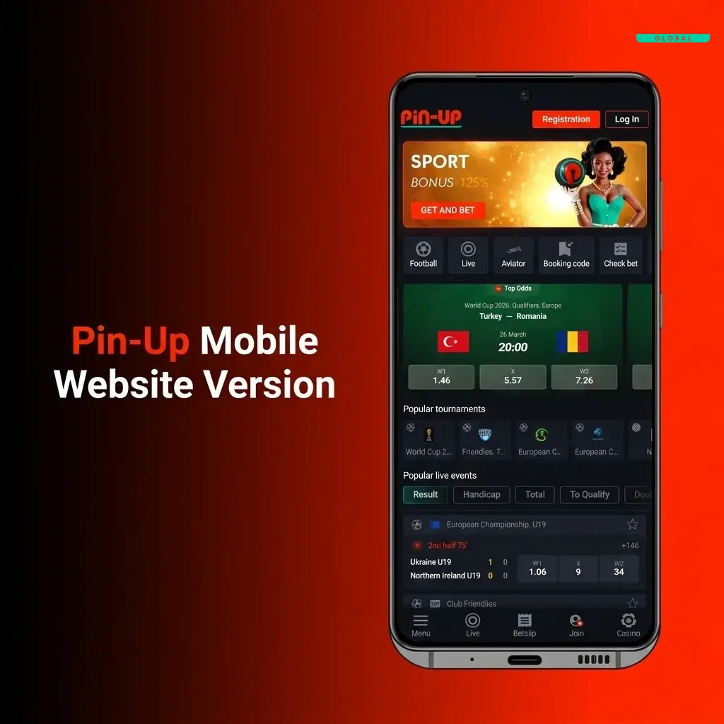 Pin-Up mobile-optimised website accessible on any smartphone or tablet for sports betting and casino games via browser