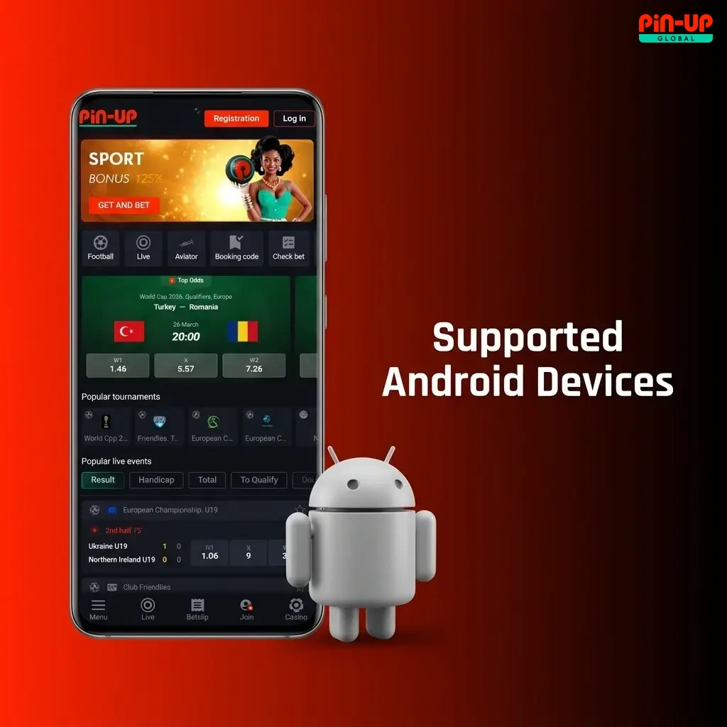 Pin-Up PWA supported Android devices list including Samsung, Tecno, Infinix, Xiaomi, OPPO, OnePlus and Realme models