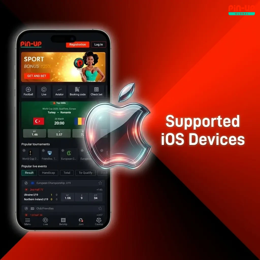 Pin-Up app supported iOS devices list including iPhone 15 Pro Max, iPhone 11, iPad Air, and iPad Pro running iOS 13.0+