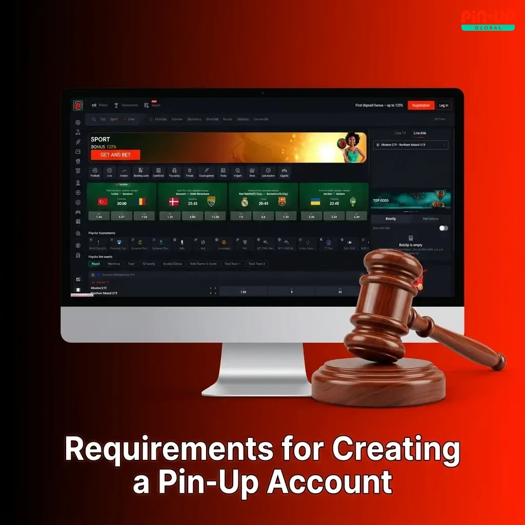 Pin-Up account registration requirements including age limit, one account rule, ID verification, and geographic eligibility