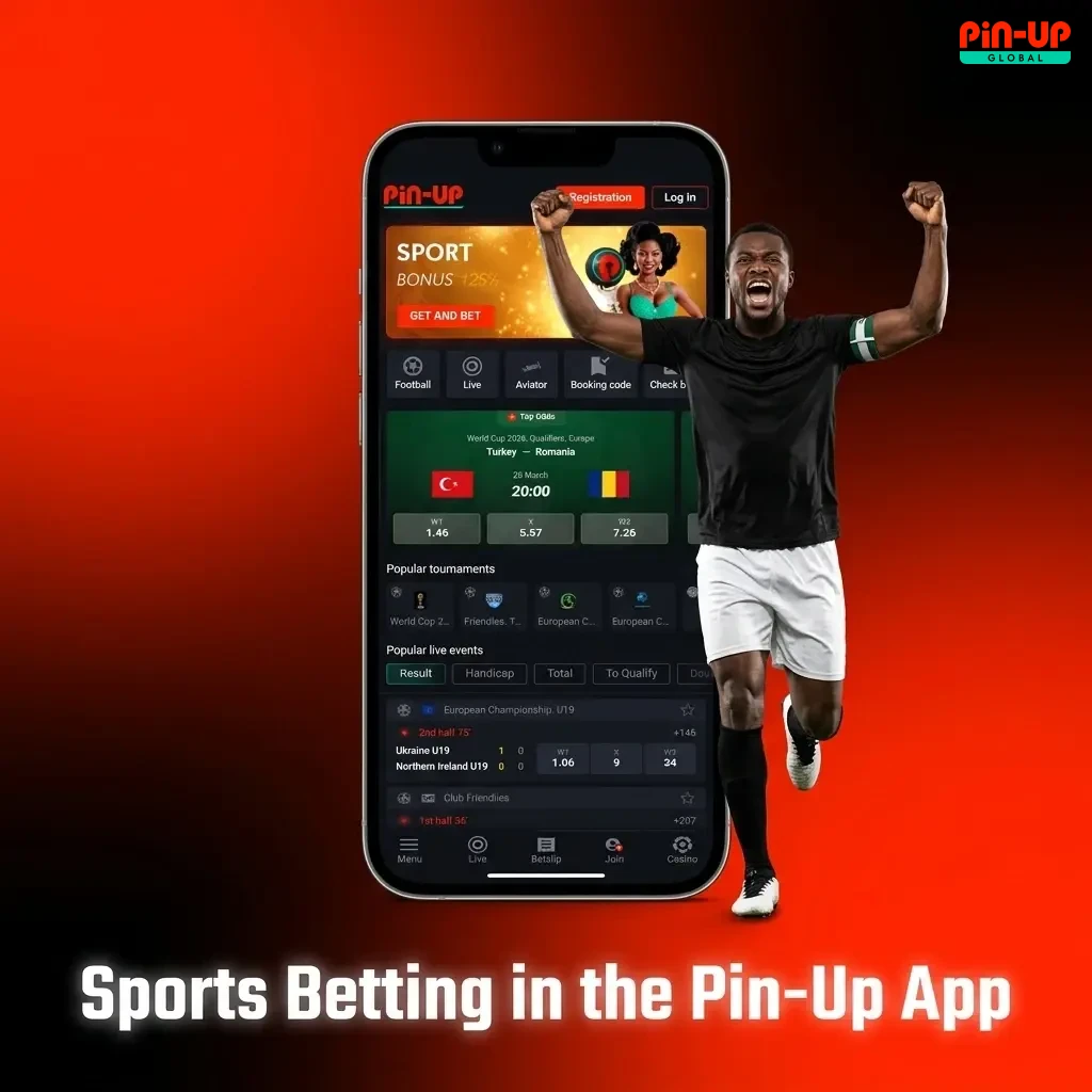 Pin-Up betting app sports section showing football, basketball, tennis, cricket, eSports and more for Nigerian players