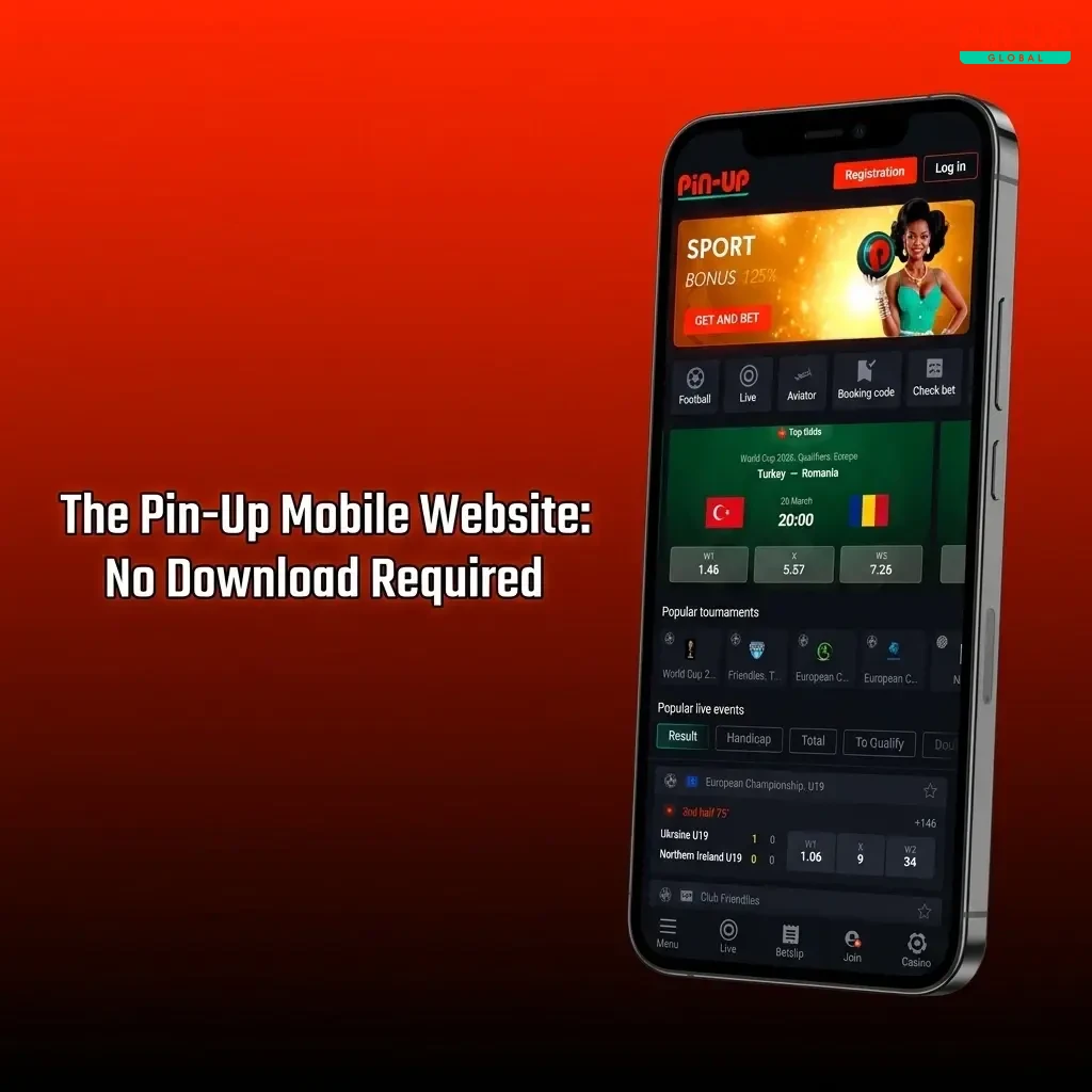 Pin-Up mobile website on smartphone browser showing sports betting and casino games with no download required