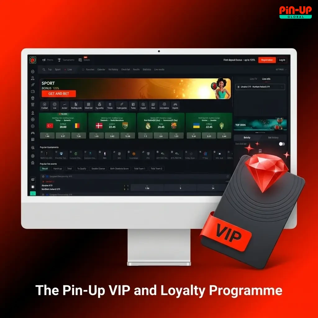 Pin-Up VIP loyalty programme tiers showing cashback rewards, personalised bonuses, and exclusive perks for consistent players