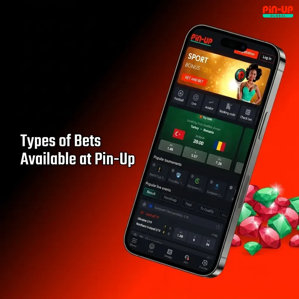 Pin-Up bet types including single, accumulator, system, live, and handicap bets for all experience levels