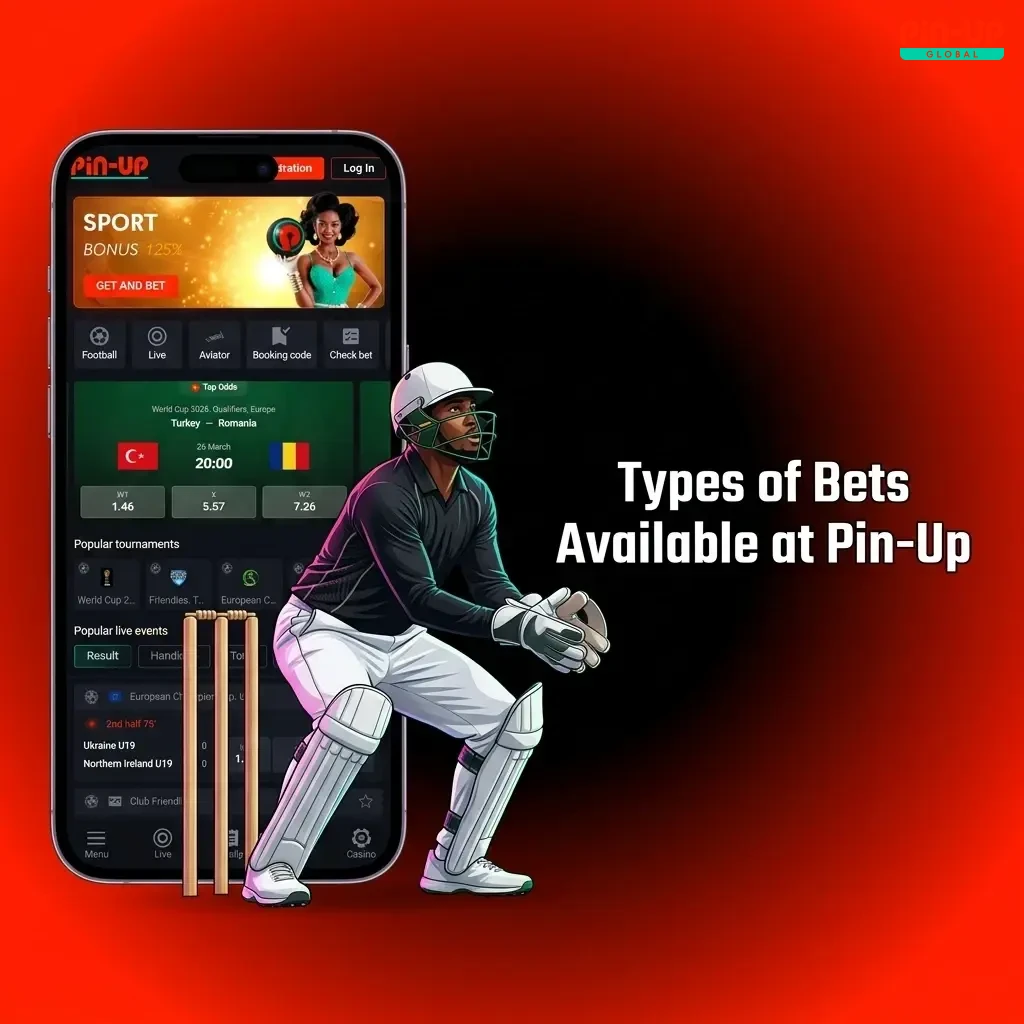 Pin-Up betting app showing single, accumulator, system, live, and ante-post bet types for all experience levels