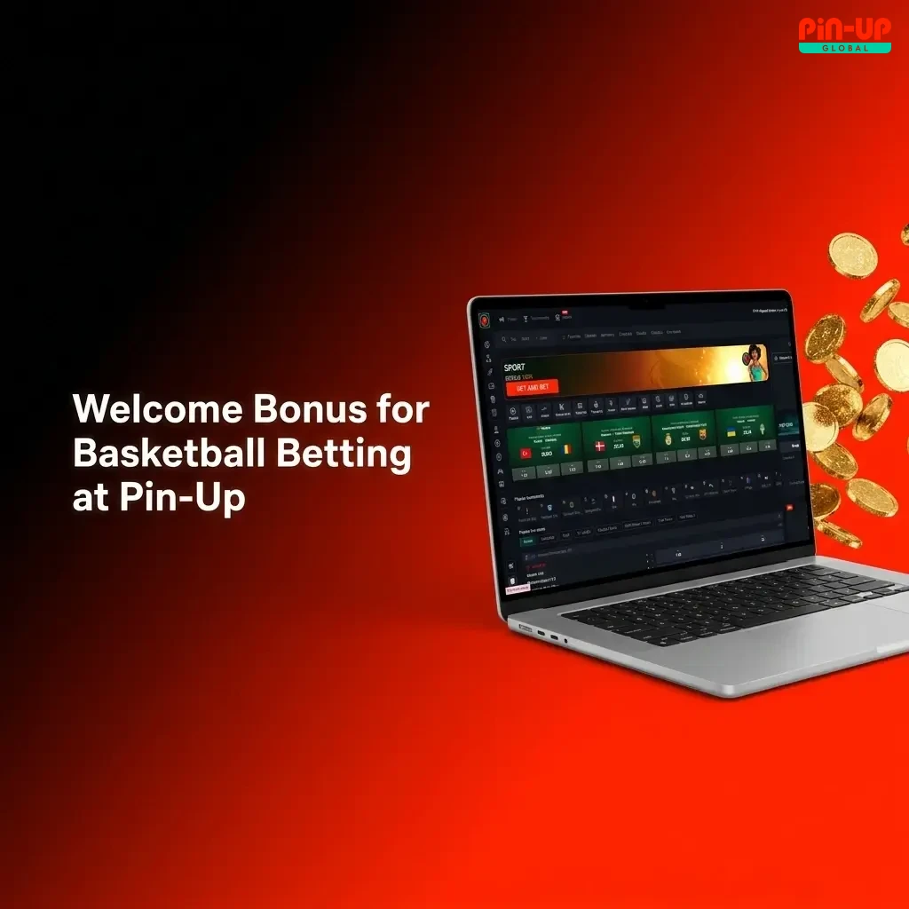 Pin-Up sports welcome bonus for basketball betting with deposit percentage boost and wagering requirements for new users