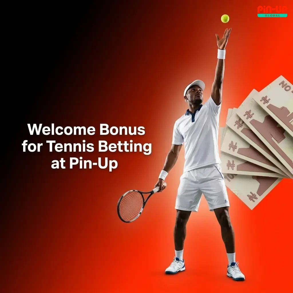 Pin-Up sports welcome bonus for tennis betting showing deposit match offer and wagering requirements for new users