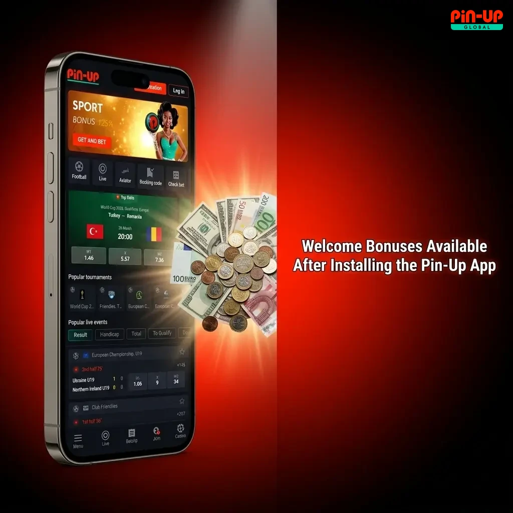 Pin-Up app welcome bonuses including 150% deposit bonus with promo code PBONG35 and 250 free spins worth NGN 8,000,000