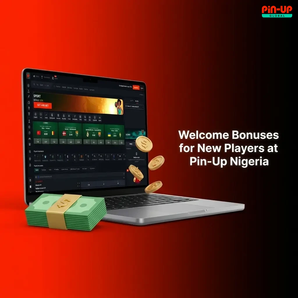 Pin-Up Nigeria welcome bonuses table showing casino 120% plus 250 free spins and sports 150% with promo code PBONG35