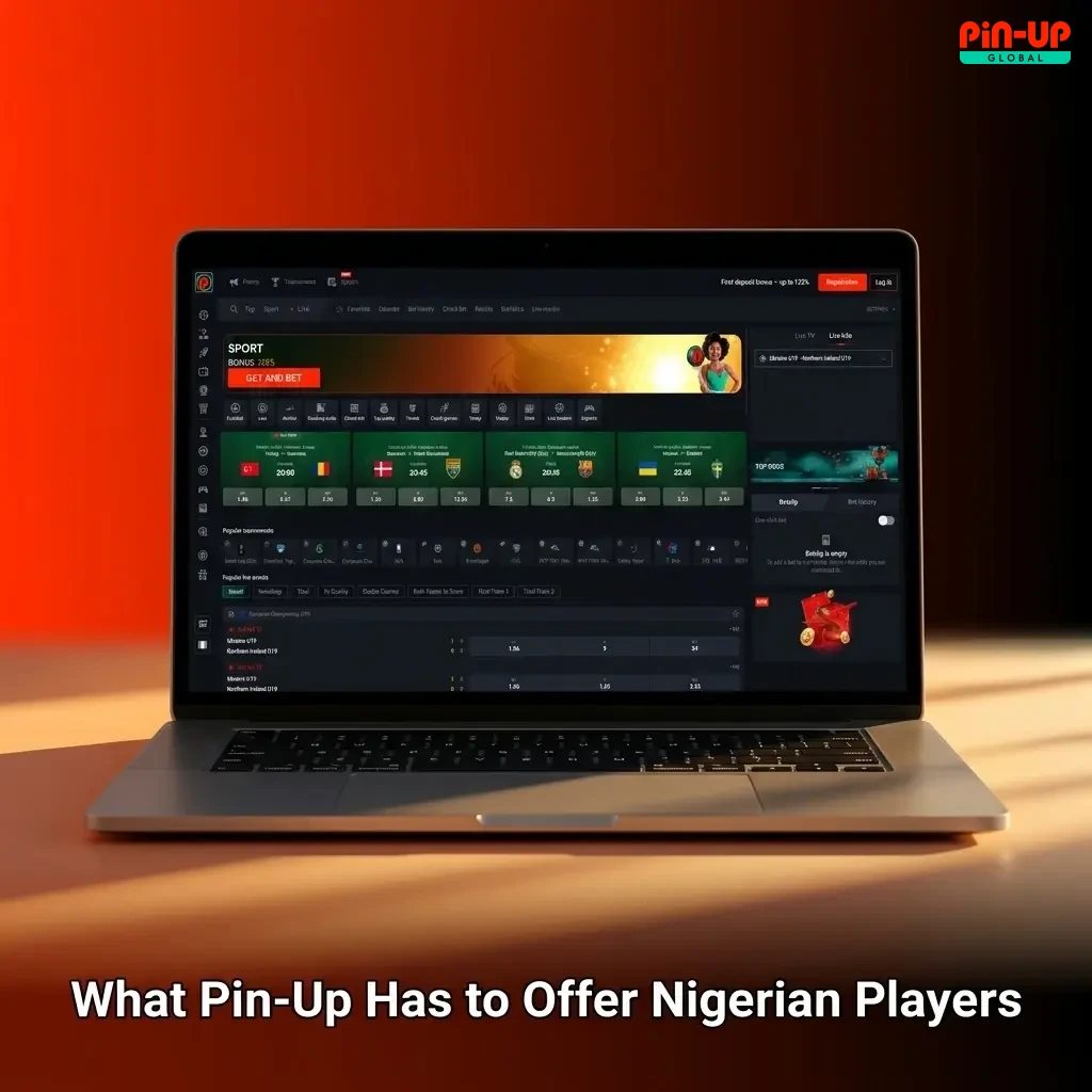 Pin-Up platform for Nigerian players showing sports betting, casino games, mobile app, and account security features